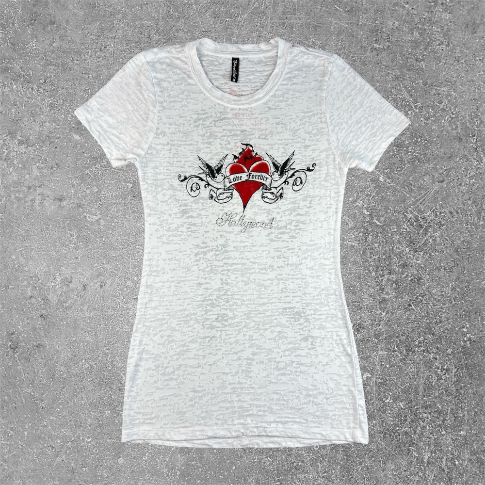 Y2K Sweet Girl Hollywood White Burnout Tattoo Top Medium Angel Wings Rhinestone